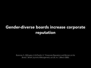 Gender-diverse boards increase corporate
reputation
Brammer, S., Millington, A. & Pavelin, S. “Corporate Reputation and Women on the
Board,” British Journal of Management, vol. 20, no. 1 (March 2009).
 