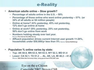 Eye on the e-Citizen
e-Reality
• American adults online – Slow growth?
– Percentage of adults online in the U.S. – 59%
– P...