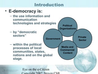 Eye on the e-Citizen
Introduction
• E-democracy is:
– the use information and
communication
technologies and strategies
– ...