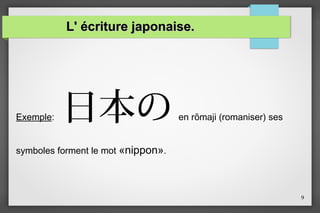 L' écriture japonaise.

Exemple:

日本の

en rōmaji (romaniser) ses

symboles forment le mot «nippon».

9

 