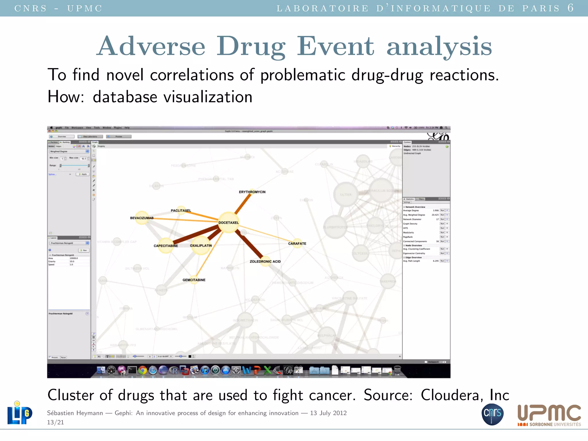 cnrs - upmc                                                                   laboratoire d’informatique de paris 6


                   Adverse Drug Event analysis
    To ﬁnd novel correlations of problematic drug-drug reactions.
    How: database visualization




    Cluster of drugs that are used to ﬁght cancer. Source: Cloudera, Inc
    S´bastien Heymann — Gephi: An innovative process of design for enhancing innovation — 13 July 2012
     e
    13/21
 