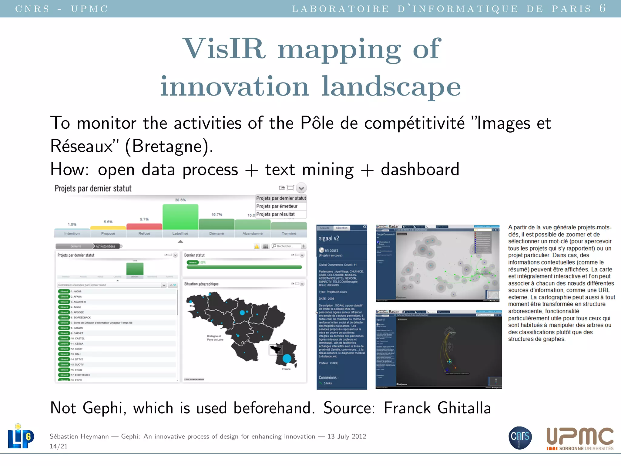 cnrs - upmc                                                                   laboratoire d’informatique de paris 6


                                       VisIR mapping of
                                     innovation landscape
    To monitor the activities of the Pˆle de comp´titivit´ ”
                                      o          e       e Images et
    R´seaux” (Bretagne).
     e
    How: open data process + text mining + dashboard




    Not Gephi, which is used beforehand. Source: Franck Ghitalla
    S´bastien Heymann — Gephi: An innovative process of design for enhancing innovation — 13 July 2012
     e
    14/21
 