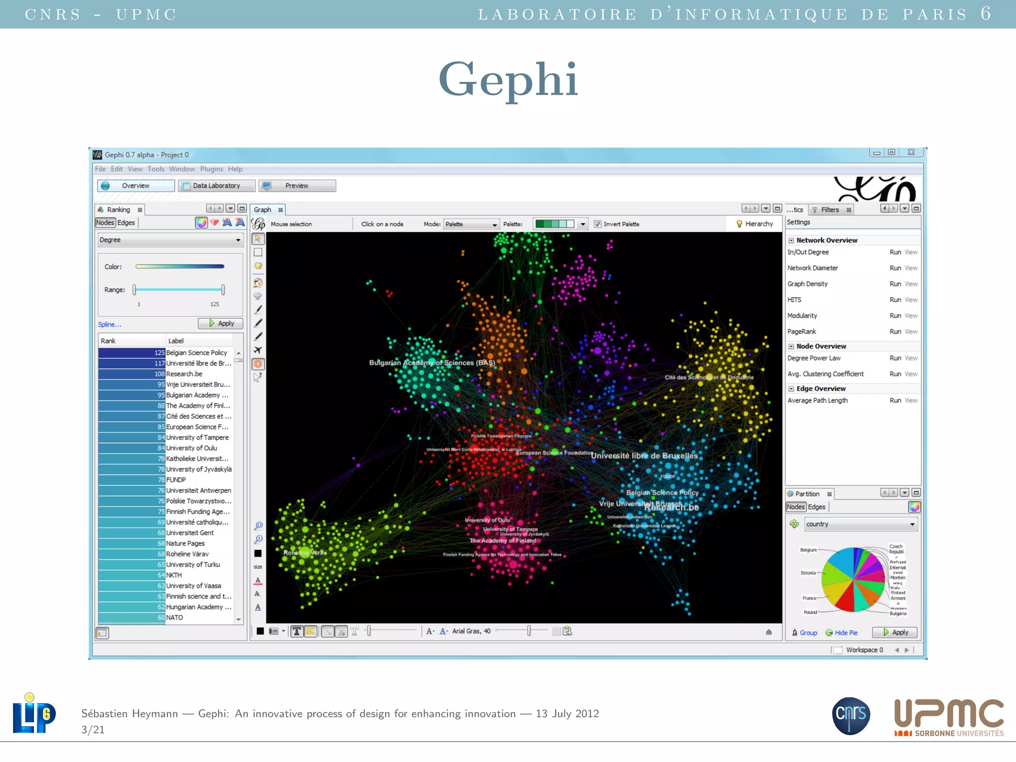 cnrs - upmc                                                                   laboratoire d’informatique de paris 6


                                                                       Gephi




    S´bastien Heymann — Gephi: An innovative process of design for enhancing innovation — 13 July 2012
     e
    3/21
 
