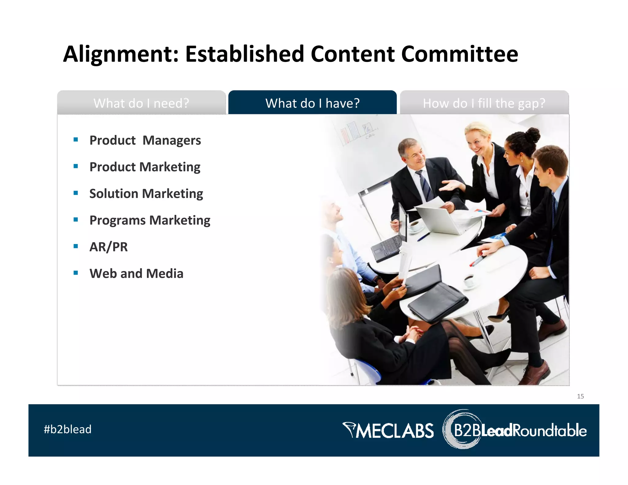 Alignment: Established Content Committee
           What do I need?   What do I have?   How do I fill the gap?

       Product  Managers
       Product Marketing
       Solution Marketing
       Programs Marketing
       AR/PR
       Web and Media




                                                                        15



#b2blead
 