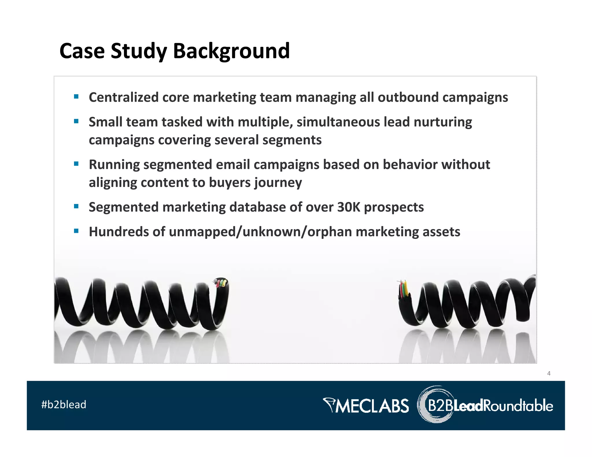 Case Study Background
           Centralized core marketing team managing all outbound campaigns
           Small team tasked with multiple, simultaneous lead nurturing 
           campaigns covering several segments
           Running segmented email campaigns based on behavior without 
           aligning content to buyers journey
           Segmented marketing database of over 30K prospects
           Hundreds of unmapped/unknown/orphan marketing assets 




                                                                             4



#b2blead
 