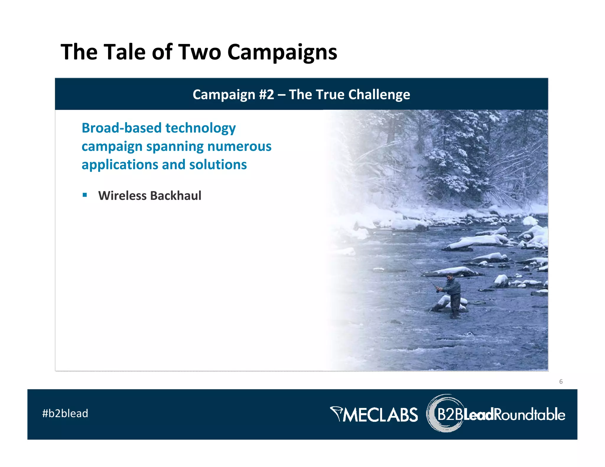 The Tale of Two Campaigns
                          Campaign #2 – The True Challenge

      Broad‐based technology 
      campaign spanning numerous 
      applications and solutions

           Wireless Backhaul




                                                             6



#b2blead
 