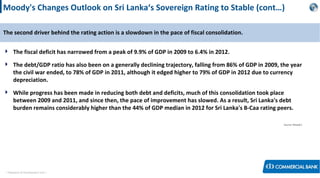 < Research & Development Unit >
Moody's Changes Outlook on Sri Lanka‘s Sovereign Rating to Stable (cont…)
The second driver behind the rating action is a slowdown in the pace of fiscal consolidation.
 The fiscal deficit has narrowed from a peak of 9.9% of GDP in 2009 to 6.4% in 2012.
 The debt/GDP ratio has also been on a generally declining trajectory, falling from 86% of GDP in 2009, the year
the civil war ended, to 78% of GDP in 2011, although it edged higher to 79% of GDP in 2012 due to currency
depreciation.
 While progress has been made in reducing both debt and deficits, much of this consolidation took place
between 2009 and 2011, and since then, the pace of improvement has slowed. As a result, Sri Lanka's debt
burden remains considerably higher than the 44% of GDP median in 2012 for Sri Lanka's B-Caa rating peers.
Source: Moody’s
 