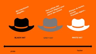 BLACK HAT GREY HAT WHITE HAT 
pirate hacker 
 