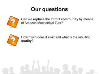 Our questions
Can we replace the InPhO community by means
of Amazon Mechanical Turk?



How much does it cost and what is the resulting
quality?
 
