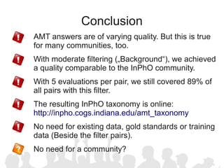 Conclusion
AMT answers are of varying quality. But this is true
for many communities, too.
With moderate filtering („Background“), we achieved
a quality comparable to the InPhO community.
With 5 evaluations per pair, we still covered 89% of
all pairs with this filter.
The resulting InPhO taxonomy is online:
http://inpho.cogs.indiana.edu/amt_taxonomy
No need for existing data, gold standards or training
data (Beside the filter pairs).
No need for a community?
 