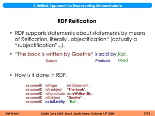 A Unified Approach for Representing Metametadata



                                   RDF Reification
   ●
       RDF supports statements about statements by means
       of Reification, literally „objectification“ (actually a
       “subjectification”...).
   ●
       “The book is written by Goethe“ is said by Kai.
                         Subject                             Predicate         Object



   ●
       How is it done in RDF:
             ex:someID   rdf:type        rdf:Statement .
             ex:someID   rdf:subject     “The book”.
             ex:someID   rdf:predicate   ex:isWrittenBy .
             ex:someID   rdf:object      "Goethe" .
             ex:someID   ex:isSaidBy      “Kai” .


Kai Eckert           Dublin Core 2009, Seoul, South Korea, October 14th 2009            5/22
 