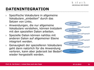 31Prof. Dr. Kai Eckert / Linked Data nach dem Hype 07.12.2015
DATENINTEGRATION
› Spezifische Vokabulare in allgemeine
Vokabulare „einbetten“ durch das
Setzen von Links.
› Anwendungen, die nur allgemeine
Vokabulare verstehen, können trotzdem
mit den speziellen Daten arbeiten.
› Spezielle Daten können nahtlos mit
anderen Daten auf allgemeiner Ebene
integriert werden.
› Genauigkeit der spezielleren Vokabulare
geht dann natürlich für die Anwendung
verloren, kann aber jederzeit bei Bedarf
wieder hergestellt werden.
dm2e:writer
edm:hasMet
dc:contributor
dcterms:creator
dcterms:contributor
rdfs:subPropertyOf
rdfs:subPropertyOf
rdfs:subPropertyOf
rdfs:subPropertyOf
 