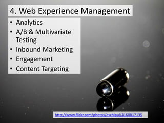 4. Web Experience Management
• Analytics
• A/B & Multivariate
  Testing
• Inbound Marketing
• Engagement
• Content Targeting




              http://www.flickr.com/photos/eschipul/4160817135
 