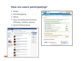 How are users participating?
 Blogs
 Microblogging
 Wikis
 User Contributed Content
 (Photos, Videos, News)
 Social Networ...