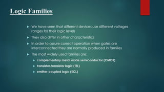Logic Families
 We have seen that different devices use different voltages
ranges for their logic levels
 They also differ in other characteristics
 In order to assure correct operation when gates are
interconnected they are normally produced in families
 The most widely used families are:
 complementary metal oxide semiconductor (CMOS)
 transistor-transistor logic (TTL)
 emitter-coupled logic (ECL)
 