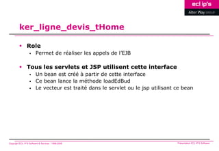 ker_ligne_devis_tHome

          Role
                        Permet de réaliser les appels de l’EJB

          Tous les servlets et JSP utilisent cette interface
                        Un bean est créé à partir de cette interface
                        Ce bean lance la méthode loadEdBud
                        Le vecteur est traité dans le servlet ou le jsp utilisant ce bean




Copyright ECL IP’S Software & Services - 1998-2008                                 Présentation ECL IP’S Software
 