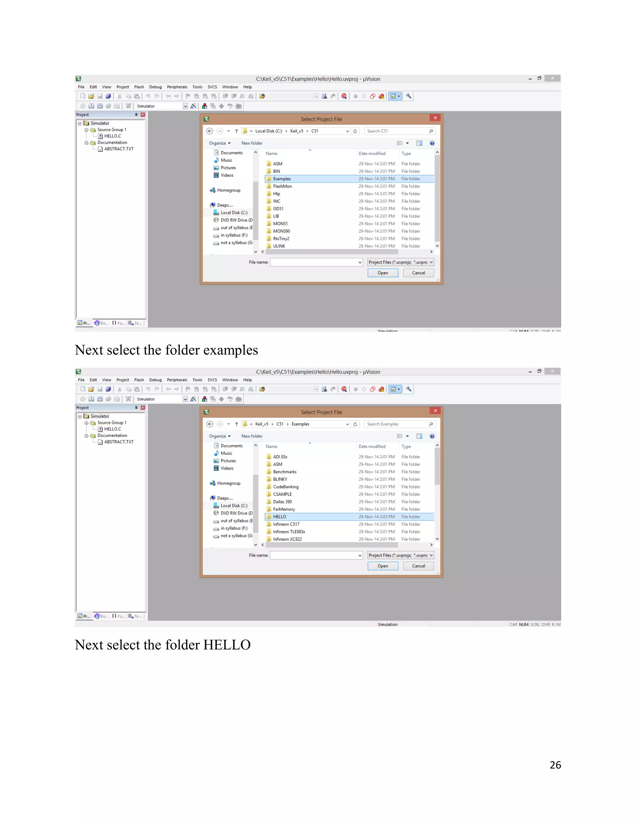 26
Next select the folder examples
Next select the folder HELLO
 