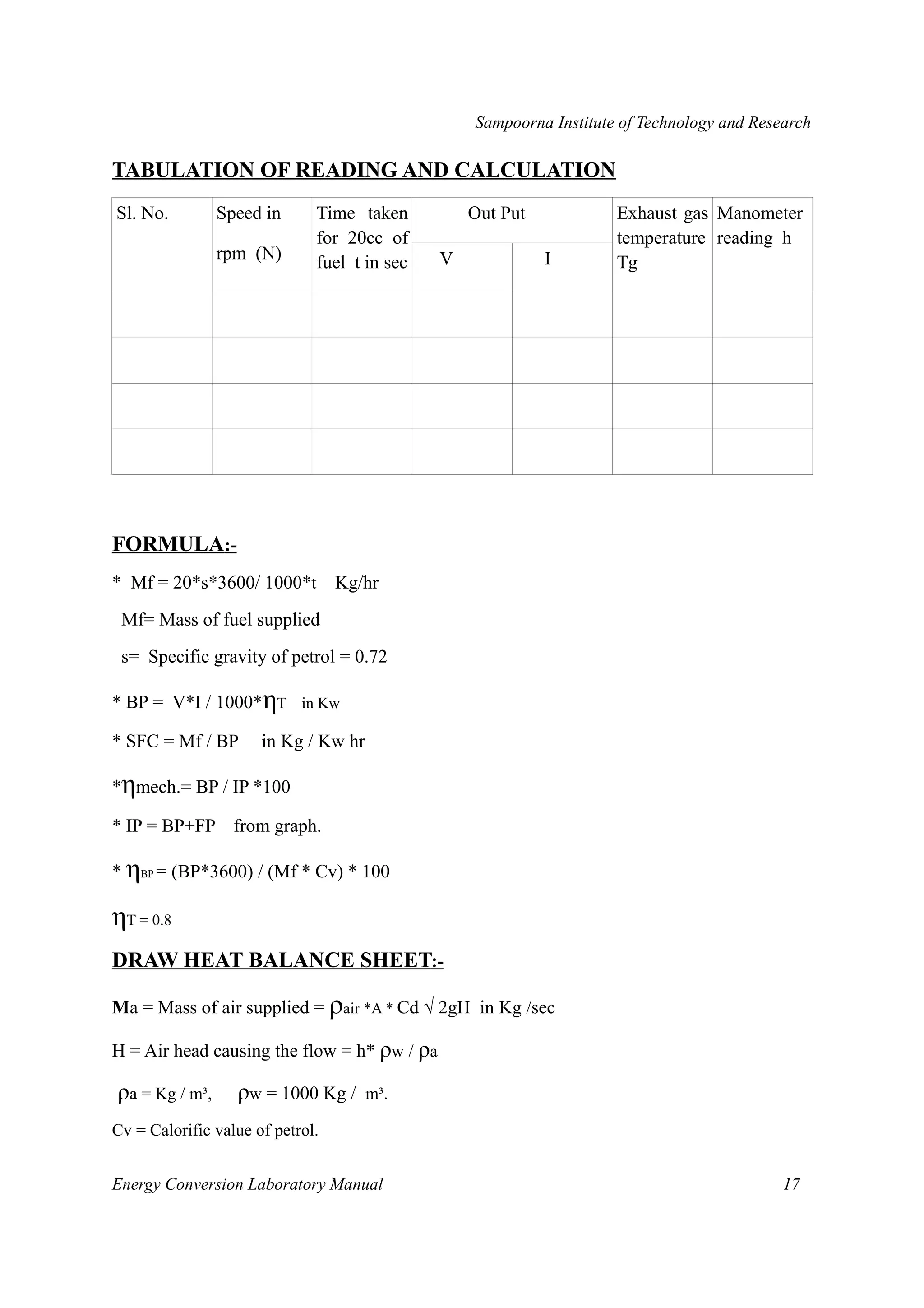 Sampoorna Institute of Technology and Research 
TABULATION OF READING AND CALCULATION 
Sl. No. Speed in 
rpm (N) 
Time taken 
for 20cc of 
fuel t in sec 
Out Put Exhaust gas 
temperature 
Tg 
Manometer 
reading h 
V I 
FORMULA :- 
* Mf = 20*s*3600/ 1000*t Kg/hr 
Mf= Mass of fuel supplied 
s= Specific gravity of petrol = 0.72 
* BP = V*I / 1000*ηT in Kw 
* SFC = Mf / BP in Kg / Kw hr 
*ηmech.= BP / IP *100 
* IP = BP+FP from graph. 
* ηBP = (BP*3600) / (Mf * Cv) * 100 
ηT = 0.8 
DRAW HEAT BALANCE SHEET :- 
Ma = Mass of air supplied = ρair *A * Cd √ 2gH in Kg /sec 
H = Air head causing the flow = h* ρw / ρa 
ρa = Kg / m³, ρw = 1000 Kg / m³. 
Cv = Calorific value of petrol. 
Energy Conversion Laboratory Manual 17 
 