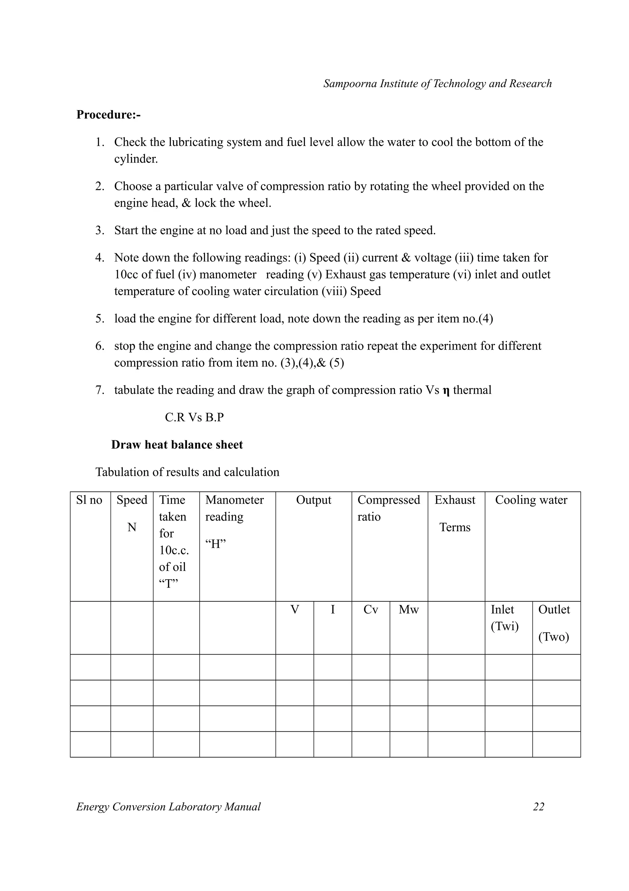 Sampoorna Institute of Technology and Research 
Procedure:- 
1. Check the lubricating system and fuel level allow the water to cool the bottom of the 
cylinder. 
2. Choose a particular valve of compression ratio by rotating the wheel provided on the 
engine head, & lock the wheel. 
3. Start the engine at no load and just the speed to the rated speed. 
4. Note down the following readings: (i) Speed (ii) current & voltage (iii) time taken for 
10cc of fuel (iv) manometer reading (v) Exhaust gas temperature (vi) inlet and outlet 
temperature of cooling water circulation (viii) Speed 
5. load the engine for different load, note down the reading as per item no.(4) 
6. stop the engine and change the compression ratio repeat the experiment for different 
compression ratio from item no. (3),(4),& (5) 
7. tabulate the reading and draw the graph of compression ratio Vs η thermal 
C.R Vs B.P 
Draw heat balance sheet 
Tabulation of results and calculation 
Sl no Speed 
N 
Time 
taken 
for 
10c.c. 
of oil 
“T” 
Manometer 
reading 
“H” 
Output Compressed 
ratio 
Exhaust 
Terms 
Cooling water 
V I Cv Mw Inlet 
(Twi) 
Outlet 
(Two) 
Energy Conversion Laboratory Manual 22 
 