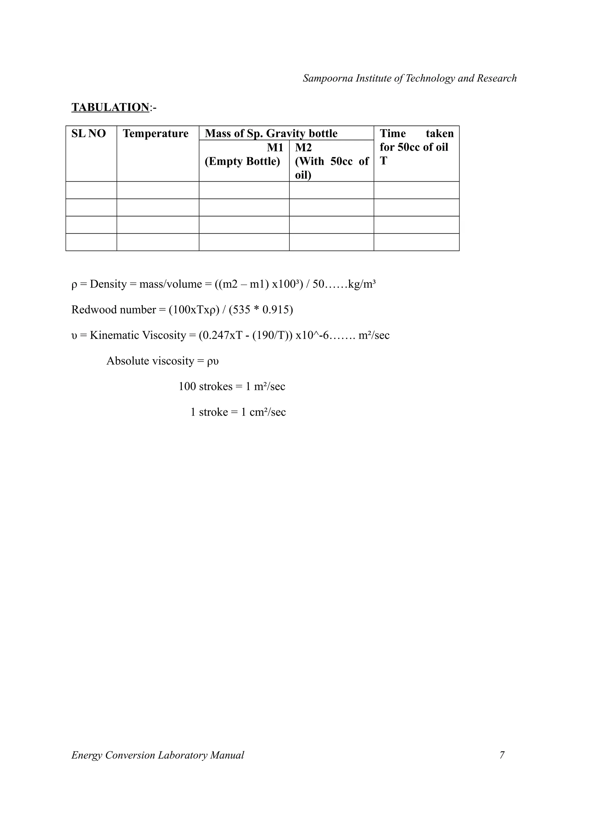 Sampoorna Institute of Technology and Research 
TABULATION:- 
SL NO Temperature Mass of Sp. Gravity bottle Time taken 
for 50cc of oil 
T 
M1 
(Empty Bottle) 
M2 
(With 50cc of 
oil) 
ρ = Density = mass/volume = ((m2 – m1) x100³) / 50……kg/m³ 
Redwood number = (100xTxρ) / (535 * 0.915) 
υ = Kinematic Viscosity = (0.247xT - (190/T)) x10^-6……. m²/sec 
Absolute viscosity = ρυ 
100 strokes = 1 m²/sec 
1 stroke = 1 cm²/sec 
Energy Conversion Laboratory Manual 7 
 