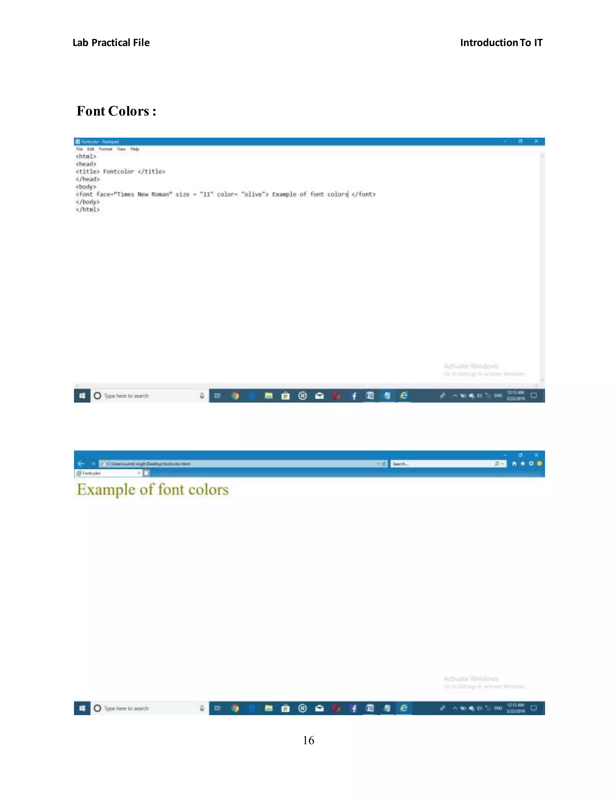 Lab Practical File IntroductionTo IT
16
Font Colors :
 