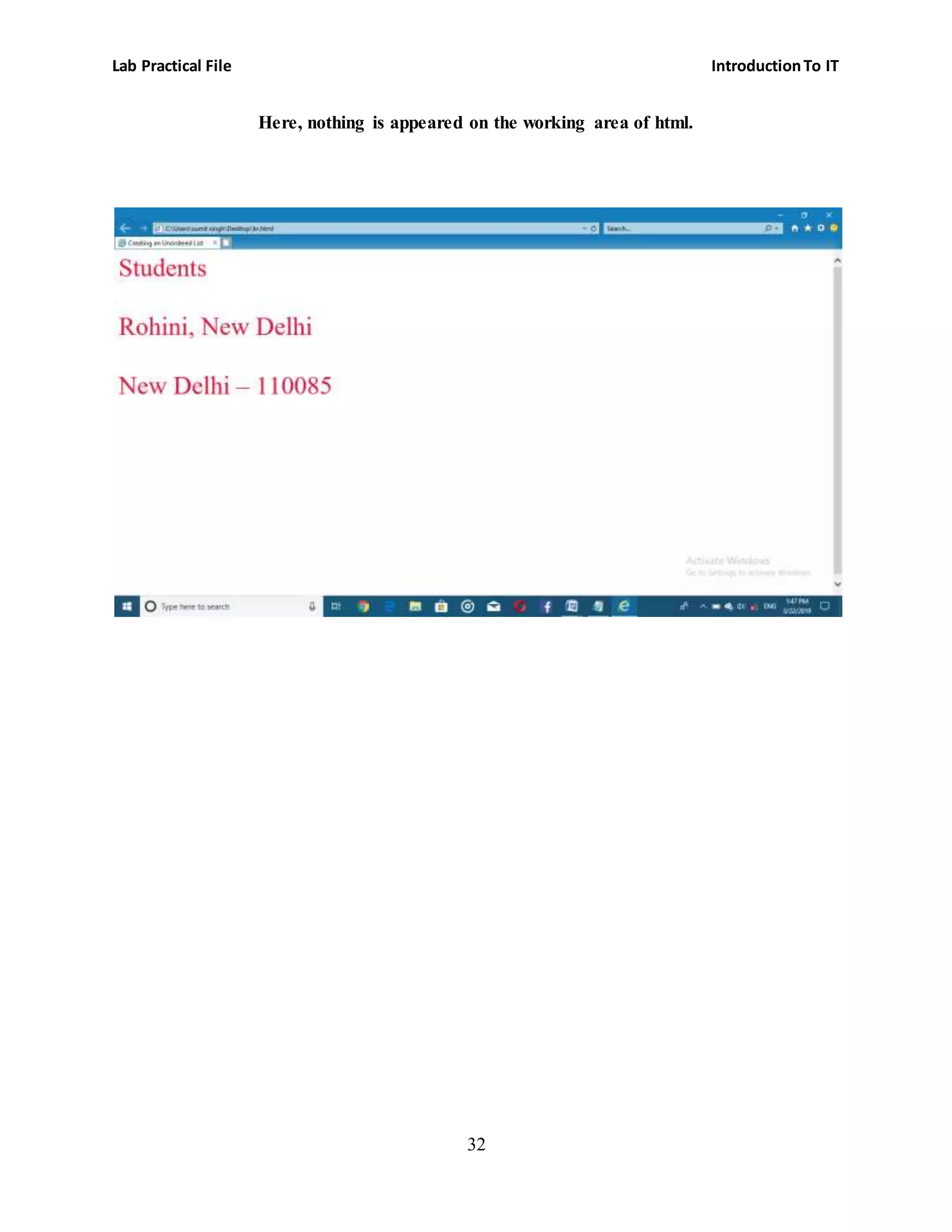 Lab Practical File IntroductionTo IT
32
Here, nothing is appeared on the working area of html.
 