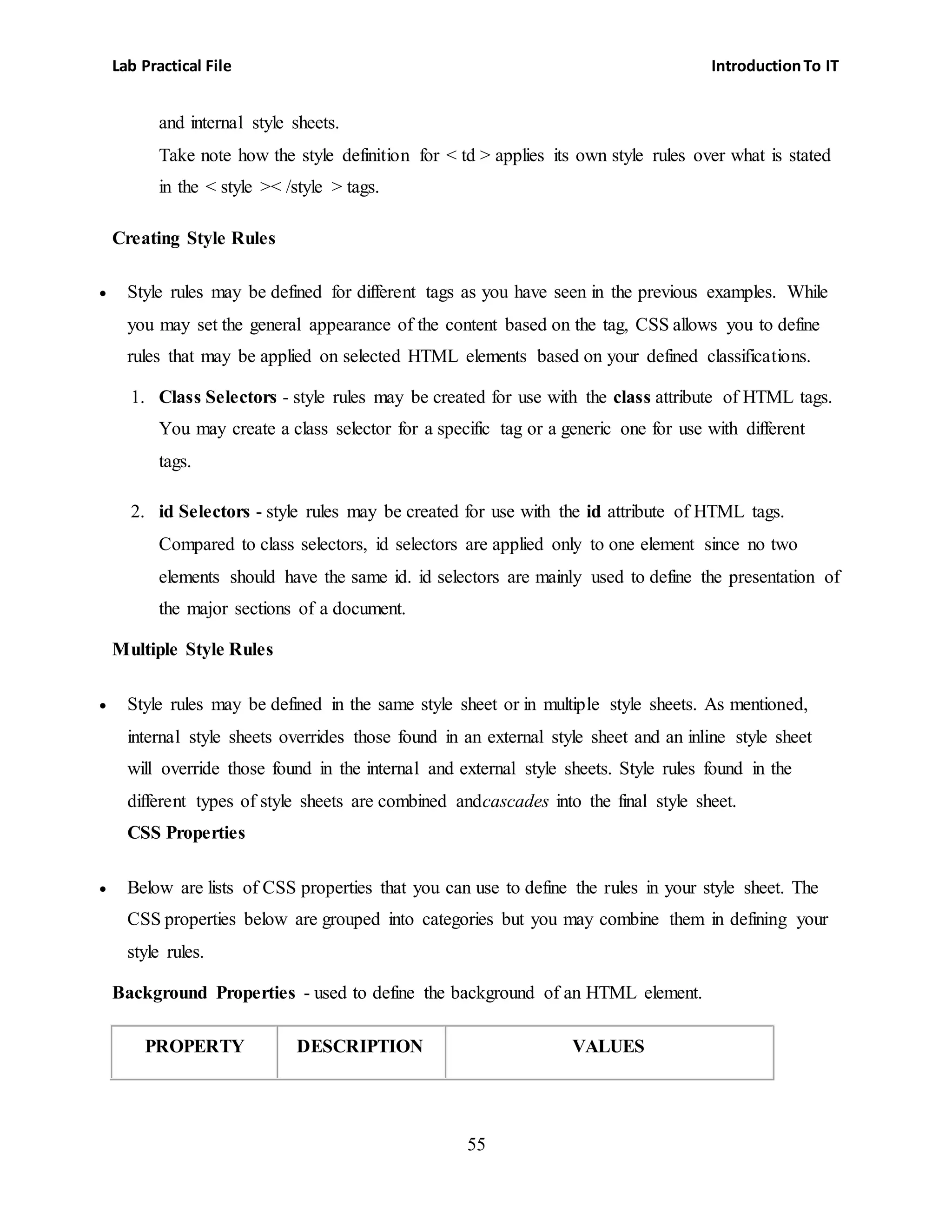 Lab Practical File IntroductionTo IT
55
and internal style sheets.
Take note how the style definition for < td > applies its own style rules over what is stated
in the < style >< /style > tags.
Creating Style Rules
 Style rules may be defined for different tags as you have seen in the previous examples. While
you may set the general appearance of the content based on the tag, CSS allows you to define
rules that may be applied on selected HTML elements based on your defined classifications.
1. Class Selectors - style rules may be created for use with the class attribute of HTML tags.
You may create a class selector for a specific tag or a generic one for use with different
tags.
2. id Selectors - style rules may be created for use with the id attribute of HTML tags.
Compared to class selectors, id selectors are applied only to one element since no two
elements should have the same id. id selectors are mainly used to define the presentation of
the major sections of a document.
Multiple Style Rules
 Style rules may be defined in the same style sheet or in multiple style sheets. As mentioned,
internal style sheets overrides those found in an external style sheet and an inline style sheet
will override those found in the internal and external style sheets. Style rules found in the
different types of style sheets are combined andcascades into the final style sheet.
CSS Properties
 Below are lists of CSS properties that you can use to define the rules in your style sheet. The
CSS properties below are grouped into categories but you may combine them in defining your
style rules.
Background Properties - used to define the background of an HTML element.
PROPERTY DESCRIPTION VALUES
 