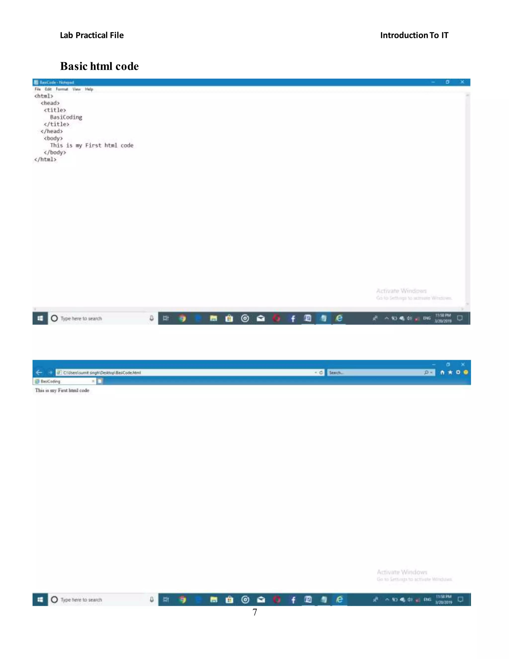 Lab Practical File IntroductionTo IT
7
Basic html code
 