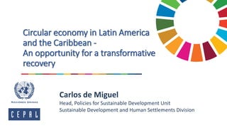 Circular economy in Latin America
and the Caribbean -
An opportunity for a transformative
recovery
Carlos de Miguel
Head, Policies for Sustainable Development Unit
Sustainable Development and Human Settlements Division
 