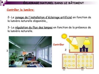 2- Le zonage de l'installation d'éclairage artificielzonage de l'installation d'éclairage artificiel en fonction de
la lumière naturelle disponible.
Contrôler la lumière:
3- La régulation du flux des lampesrégulation du flux des lampes en fonction de la présence de
la lumière naturelle.
23
Contrôler
ÉCLAIRAGE NATUREL DANS LE BÂTIMENT
 