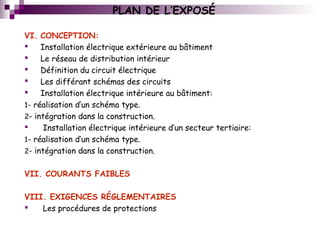 VI. CONCEPTION:
 Installation électrique extérieure au bâtiment
 Le réseau de distribution intérieur
 Définition du circuit électrique
 Les différant schémas des circuits
 Installation électrique intérieure au bâtiment:
1- réalisation d’un schéma type.
2- intégration dans la construction.
 Installation électrique intérieure d’un secteur tertiaire:
1- réalisation d’un schéma type.
2- intégration dans la construction.
VII. COURANTS FAIBLES
VIII. EXIGENCES RÉGLEMENTAIRES
 Les procédures de protections
PLAN DE L’EXPOSÉ
 