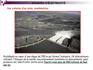 SOURCES D’ÉLECTRICITÉ:
Vue externe d’un usine marémotrice 
Enchâssés au cœur d'une digue de 750 m qui ferme l'estuaire, 24 alternateurs
utilisent l'énergie de la marée, successivement montante et descendante, pour
produire de l'électricité. Cette usine fournit ainsi plus de 500 millions de kwhfournit ainsi plus de 500 millions de kwh
par an.par an.
 