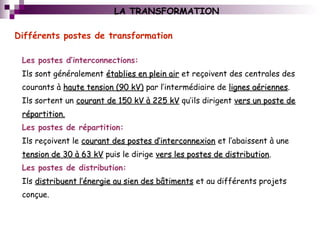 Différents postes de transformation
LA TRANSFORMATION
Les postes d’interconnections:
Ils sont généralement établies en plein airétablies en plein air et reçoivent des centrales des
courants à haute tension (90 kV)haute tension (90 kV) par l’intermédiaire de lignes aérienneslignes aériennes.
Ils sortent un courant de 150 kV à 225 kVcourant de 150 kV à 225 kV qu’ils dirigent vers un poste devers un poste de
répartition.répartition.
Les postes de répartition:
Ils reçoivent le courant des postes d’interconnexioncourant des postes d’interconnexion et l’abaissent à une
tension de 30 à 63 kVtension de 30 à 63 kV puis le dirige vers les postes de distributionvers les postes de distribution.
Les postes de distribution:
Ils distribuent l’énergie au sien des bâtimentsdistribuent l’énergie au sien des bâtiments et au différents projets
conçue.
 