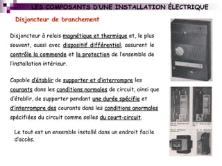 Disjoncteur de branchement
LES COMPOSANTS D’UNE INSTALLATION ÉLECTRIQUE
Le tout est un ensemble installé dans un endroit facile
d’accès.
Disjoncteur à relais magnétique et thermiquemagnétique et thermique et, le plus
souvent, aussi avec dispositif différentieldispositif différentiel, assurent le
contrôle la commendecontrôle la commende et la protectionla protection de l’ensemble de
l’installation intérieur.
Capable d’établird’établir de supporter et d’interrompresupporter et d’interrompre les
courantscourants dans les conditions normalesconditions normales de circuit, ainsi que
d’établir, de supporter pendant une durée spécifieune durée spécifie et
d’interrompre desd’interrompre des courants dans les conditions anormalesconditions anormales
spécifiées du circuit comme selles du court-circuitdu court-circuit.
 