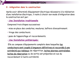 CONCEPTION
2- intégration dans la construction:
Après avoir déterminé d’équipement électrique nécessaire à la réalisation
d’une installation électrique, il reste à choisir son mode d’intégration dans
la construction soit par:
- Une Installation traditionnelle
Comprend trois étapes successives:
• mise en place des conduites, moulures, boîtiers d’encastrement.
• tirage des conducteurs.
• pose de l’appareillage et raccordements.
- Une Installation préfabriquée:
Elle se compose d’équipements complets dans lesquelles lesles
conducteurs sont coupés à longueurs définitives et raccordés à uneconducteurs sont coupés à longueurs définitives et raccordés à une
extrémité aux tableauxextrémité aux tableaux de répartition, boites abornes centraliséesboites abornes centralisées,
boites de réservationboites de réservation ou de sortie est préparées en vue du
raccordement à l’autre extrémité.
 