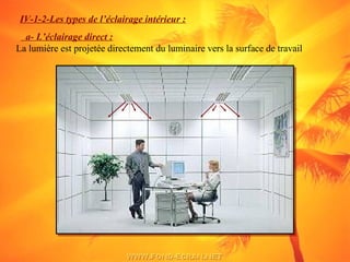 IV-1-2-Les types de l’éclairage intérieur :
a- L’éclairage direct :
La lumière est projetée directement du luminaire vers la surface de travail
 