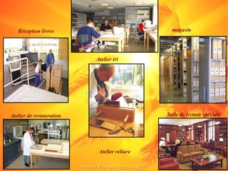 Atelier de restauration
Réception livres
Atelier tri
magasin
Salle de lecture spéciale
Atelier reliure
 