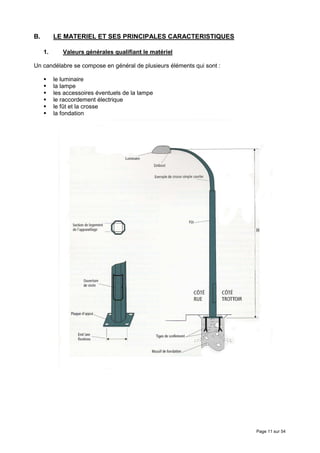 B.        LE MATERIEL ET SES PRINCIPALES CARACTERISTIQUES

     1.      Valeurs générales qualifiant le matériel

Un candélabre se compose en général de plusieurs éléments qui sont :

          le luminaire
          la lampe
          les accessoires éventuels de la lampe
          le raccordement électrique
          le fût et la crosse
          la fondation




                                                                       Page 11 sur 54
 