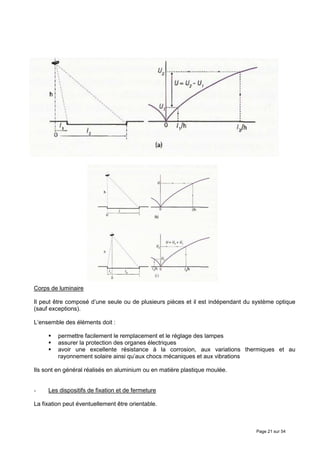 Corps de luminaire

Il peut être composé d’une seule ou de plusieurs pièces et il est indépendant du système optique
(sauf exceptions).

L’ensemble des éléments doit :

         permettre facilement le remplacement et le réglage des lampes
         assurer la protection des organes électriques
         avoir une excellente résistance à la corrosion, aux variations thermiques et au
         rayonnement solaire ainsi qu’aux chocs mécaniques et aux vibrations

Ils sont en général réalisés en aluminium ou en matière plastique moulée.


-    Les dispositifs de fixation et de fermeture

La fixation peut éventuellement être orientable.



                                                                                 Page 21 sur 54
 