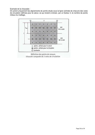 Exemple de la chaussée :
On prend uniquement les alignements de points situés sous la ligne centrale de chacune des voies
de circulation définies pour le calcul, ce qui revient à diviser, par un facteur 3, le nombre de points
initiaux du maillage.




                                                                                       Page 39 sur 54
 
