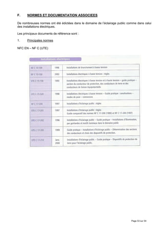 F.     NORMES ET DOCUMENTATION ASSOCIEES

De nombreuses normes ont été édictées dans le domaine de l’éclairage public comme dans celui
des installations électriques.

Les principaux documents de référence sont :

1.     Principales normes

NFC EN – NF C (UTE)




                                                                              Page 53 sur 54
 