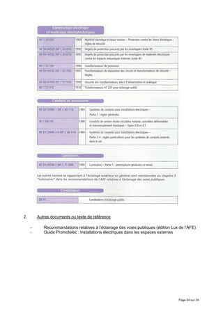 2.       Autres documents ou texte de référence

     -      Recommandations relatives à l’éclairage des voies publiques (édition Lux de l’AFE)
     -      Guide Promotelec : installations électriques dans les espaces externes




                                                                                    Page 54 sur 54
 
