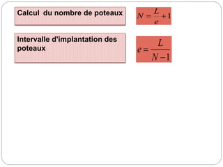 Calcul du nombre de poteaux 1


e
L
N
Intervalle d'implantation des
poteaux
1


N
L
e
 