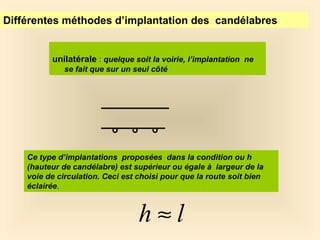 unilatérale : quelque soit la voirie, l’implantation ne
se fait que sur un seul côté
Différentes méthodes d’implantation des candélabres
Ce type d’implantations proposées dans la condition ou h
(hauteur de candélabre) est supérieur ou égale à largeur de la
voie de circulation. Ceci est choisi pour que la route soit bien
éclairée.
lh ≈
 