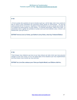 365 Éclairs de Transformation
Transmis à partir du blog : http://www.transformer-sa-vie.com
http://www.creer-sa-reussite.com 67
# 193
« Si toi tu poses des questions et que tu écoutes (quel que soit ton âge), alors nous voulons te
dire la chose la plus importante que quiconque puisse jamais te communiquer : Ce que les
autres pensent de toi n'a aucune importance. C'est seulement ce que tu penses qui compte. Et
si tu laisses les autres penser ce qu'ils veulent - à n'importe quel propos, même à ton sujet - tu
parviendras alors à garder tes pensées en phase avec qui-tu-es-vraiment; ainsi, à force, tu te
sentiras bien, quoi qu'il arrive. »
EXTRAIT tiré du Livre Le Vortex, par Esther & Jerry Hicks, chez Guy Trédaniel Éditeur.
# 194
"C'est lorsque nous réalisons que tout ce qui nous entoure est notre miroir que nous pouvons
changer ce que nous vivons. La vie, les autres êtres et les situations que nous expérimentons
sont tous là pour nous montrer qui nous sommes."
EXTRAIT du Livre Des cadeaux pour l'âme par Sophie Martel, aux Éditions AdA Inc.
 