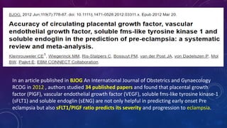 In an article published in BJOG An International Journal of Obstetrics and Gynaecology
RCOG in 2012 , authors studied 34 published papers and found that placental growth
factor (PlGF), vascular endothelial growth factor (VEGF), soluble fms-like tyrosine kinase-1
(sFLT1) and soluble endoglin (sENG) are not only helpful in predicting early onset Pre
eclampsia but also sFLT1/PIGF ratio predicts its severity and progression to eclampsia.
 