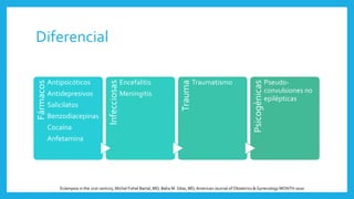 Diferencial
Fármacos
Antipsicóticos
Antidepresivos
Salicilatos
Benzodiacepinas
Cocaína
Anfetamina
Infecciosas
Encefalitis
Meningitis
Trauma
Traumatismo
Psicogénicas
Pseudo-
convulsiones no
epilépticas
Eclampsia in the 21st century, Michal Fishel Bartal, MD; Baha M. Sibai, MD,American Journal of Obstetrics & Gynecology MONTH 2020
 