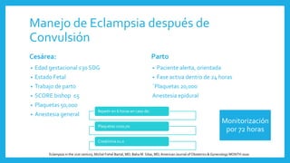 Manejo de Eclampsia después de
Convulsión
Cesárea:
• Edad gestacional ≤30 SDG
• Estado Fetal
• Trabajo de parto
• SCORE bishop ≤5
• Plaquetas 50,000
• Anestesia general
Parto
• Paciente alerta, orientada
• Fase activa dentro de 24 horas
´Plaquetas 20,000
Anestesia epidural
Repetir en 6 horas en caso de:
Plaquetas ≤100,00
Creatinina ≥1.0
Monitorización
por 72 horas
Eclampsia in the 21st century, Michal Fishel Bartal, MD; Baha M. Sibai, MD,American Journal of Obstetrics & Gynecology MONTH 2020
 