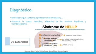 Diagnóstico:
• Identificar algún trastorno hipertensivo del embarazo y…
• Presentar la triada: hemólisis, elevación de las enzimas hepáticas y
trombocitopenia
Síndrome HELLP, PaulinoVigil-DeGracia, Ginecol Obstet Mex 2015;83:48-57
Dx: Laboratorio
 
