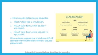 • c) Disminución del conteo de plaquetas:
1. HELLP clase-tipo 1 ≤ 50,000/UL
2. HELLP clase-tipo 2, entre 50,000 y
100,000/UL
3. HELLP clase-tipo 3, entre 100,000 y ≤
150,000/ UL.
Otros autores sugieren que el síndrome HELLP
requiere una concentración inferior a 100,000
plaquetas/UL
Síndrome HELLP, PaulinoVigil-DeGracia, Ginecol Obstet Mex 2015;83:48-57
 